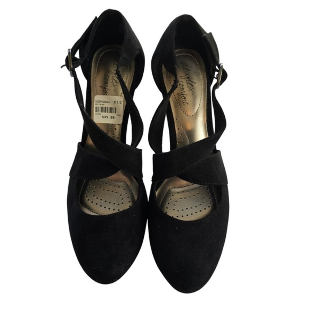 🆕️ Dexflex Comfort Black Suede Ankle Strap Women's Size 6.5 Block Heel Pumps
